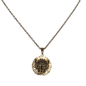 Gold Panther Head Medallion Necklace Black Pave Green Eyes Greek Key Border